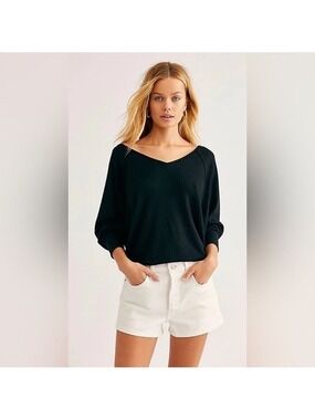 Free People S Thermal Santa Clara Blouse Top Waffle Black Relaxed Dolman Slv NWT